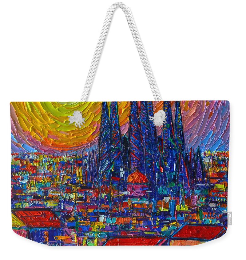 Barcelona Weekender Tote Bag featuring the painting BARCELONA COLORFUL SUNSET OVER SAGRADA FAMILIA abstract city knife oil painting Ana Maria Edulescu by Ana Maria Edulescu