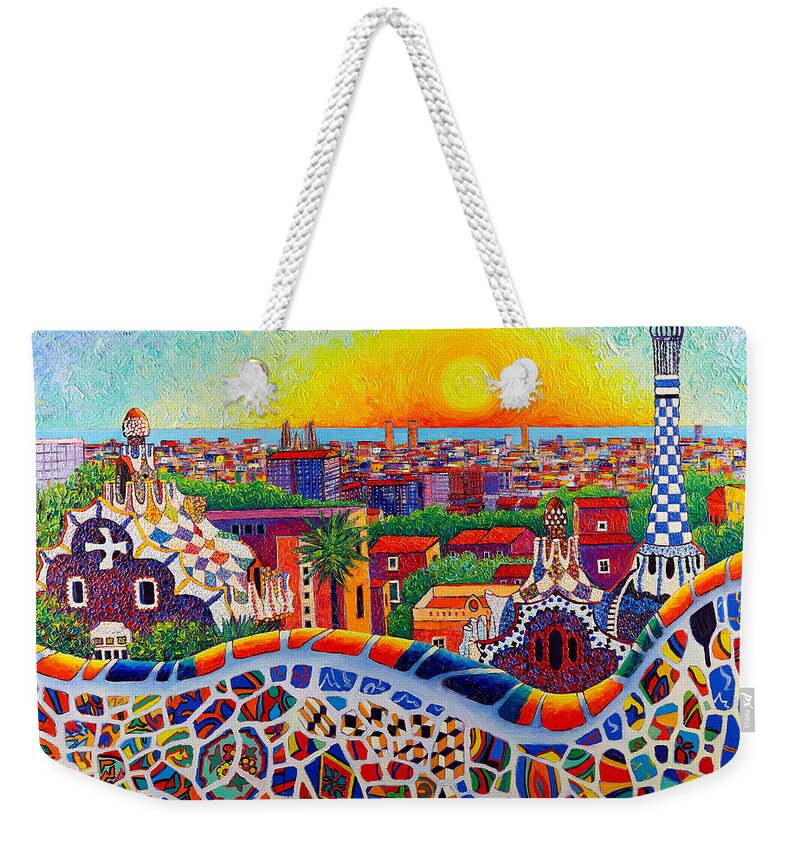 Barcelona Weekender Tote Bag featuring the painting BARCELONA SUNRISE COLORS FROM PARK GUELL modern impressionism knife oil painting Ana Maria Edulescu by Ana Maria Edulescu