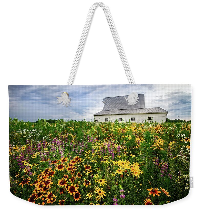 Gloriosa Daisy Weekender Tote Bag featuring the photograph Barn and Wildflowers by Ron Pate