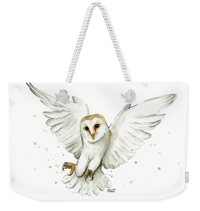 Owl Weekender Tote Bag featuring the painting Barn Owl Flying Watercolor by Olga Shvartsur