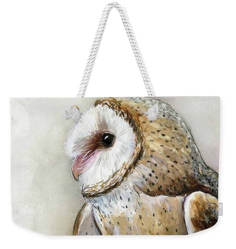 Owl Weekender Tote Bag featuring the painting Barn Owl Watercolor by Olga Shvartsur