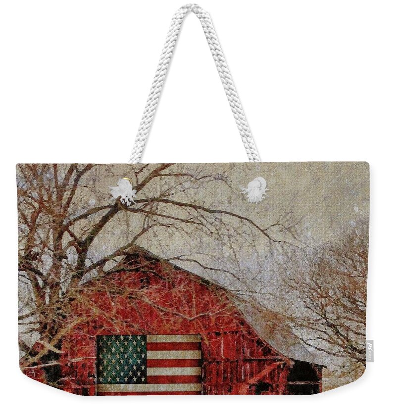 Barn Weekender Tote Bag featuring the photograph Barn with Flag in Winter by Janette Boyd