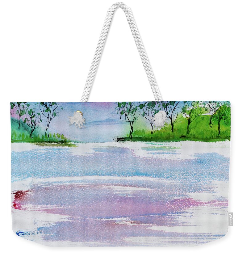 Australia Weekender Tote Bag featuring the painting Gum trees frame the sunset at Barnes Bay by Dorothy Darden