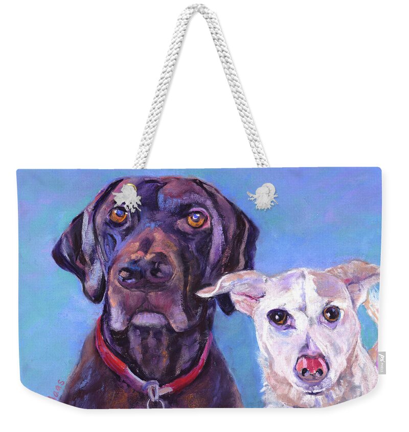 Dog Portrait Weekender Tote Bag featuring the pastel Barney and Casey by Julie Maas