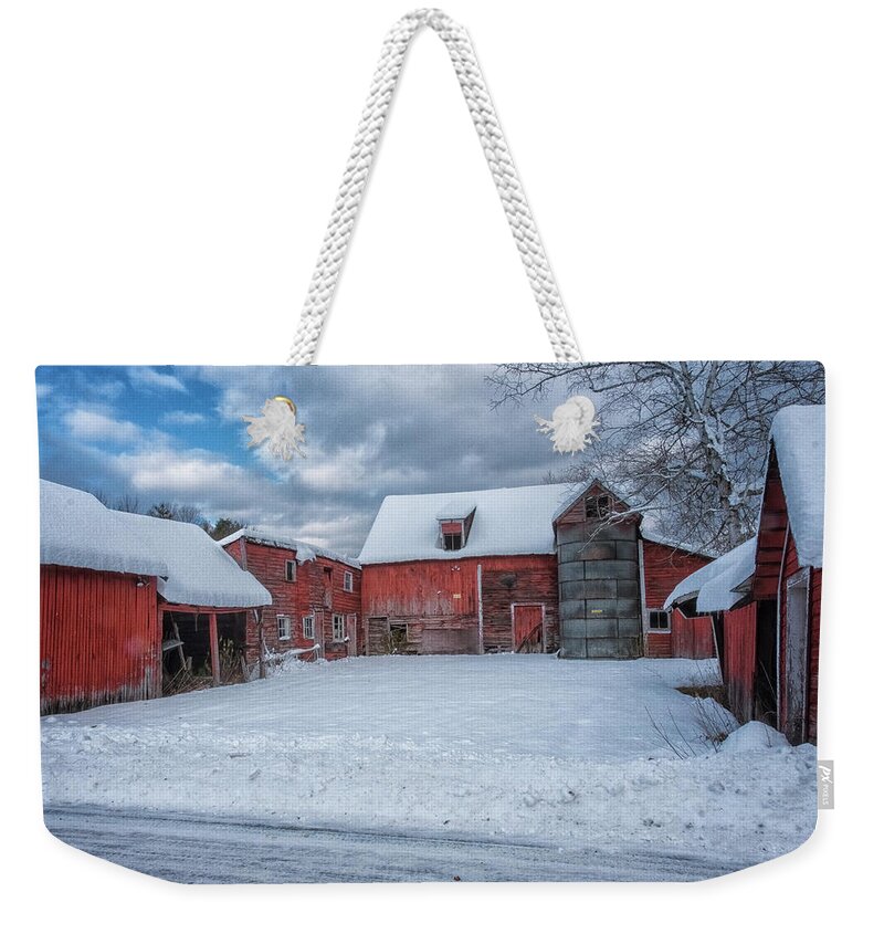 Williamsville Vermont Weekender Tote Bag featuring the photograph Barns In Winter II by Tom Singleton