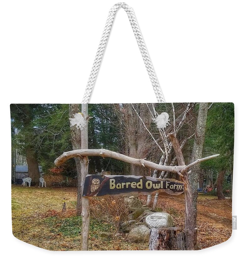 Sign Weekender Tote Bag featuring the photograph Barred Owl Farm by Mary Capriole