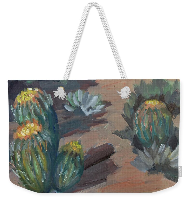 Plein Air Weekender Tote Bag featuring the painting Barrel Cactus at Tortilla Flat by Diane McClary