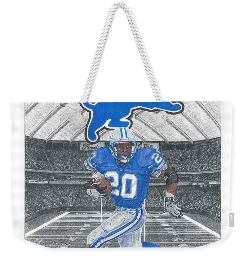 Detroit Lions Weekender Tote Bag featuring the drawing Barry Sanders by Chris Brown