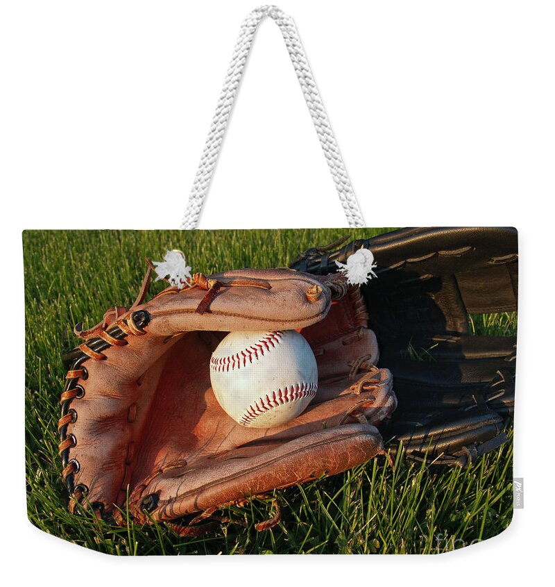 Baseball Weekender Tote Bag featuring the photograph Baseball Gloves After the Game by Anna Lisa Yoder