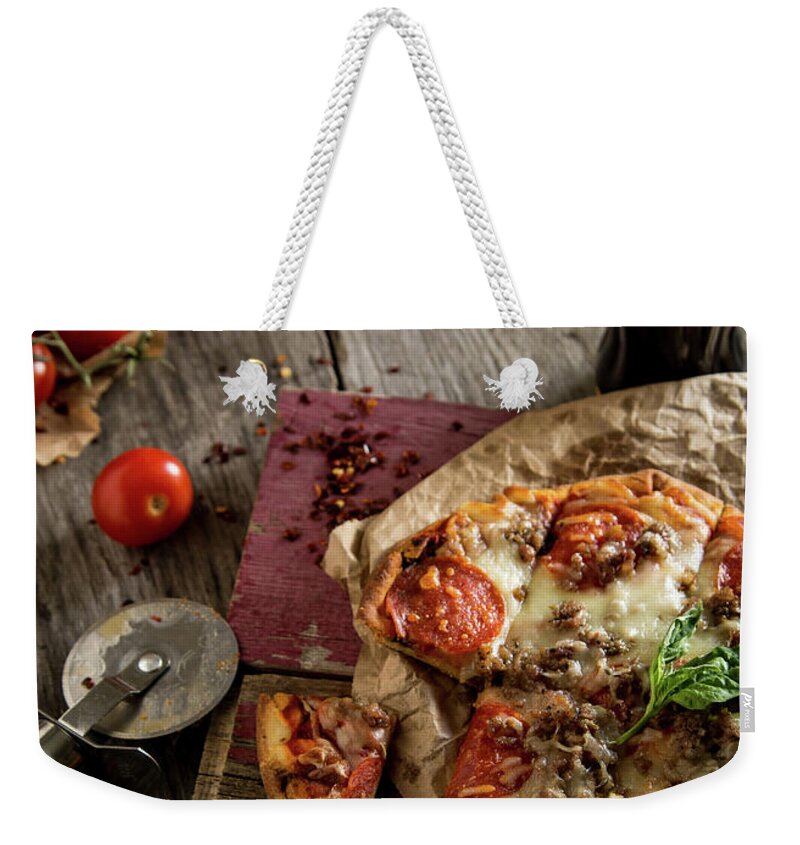 Pizza Weekender Tote Bag featuring the photograph Basil and Mozzarella by Deborah Klubertanz