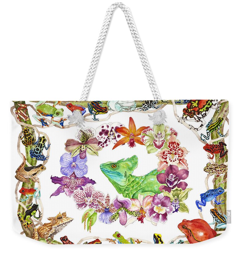 Frogs Weekender Tote Bag featuring the painting Basilisk, Orchids, Frogs by Lucy Arnold