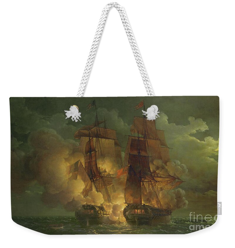 Naval Combat Weekender Tote Bag featuring the painting Battle Between the Arethuse and the Amelia by Louis Philippe Crepin
