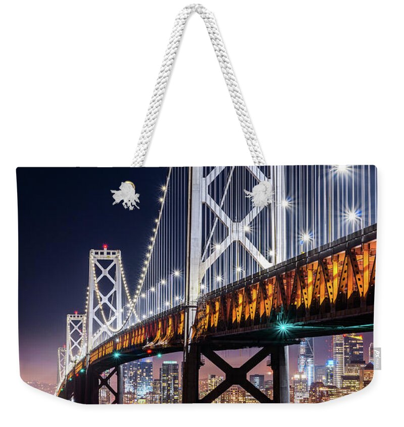 Bay Area Weekender Tote Bag featuring the photograph Bay Bridge and San Francisco By Night 12 by Jason Chu