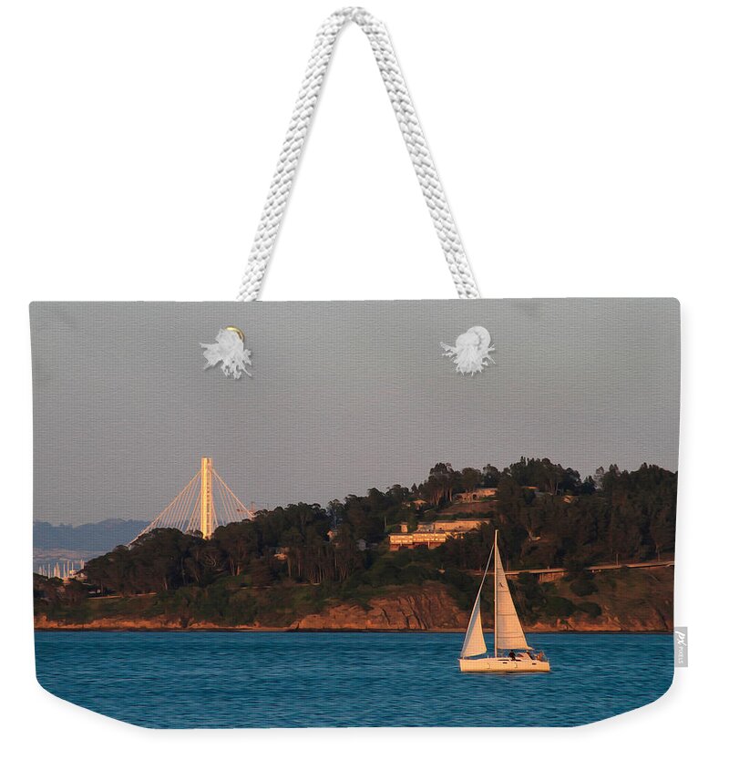 Bonnie Follett Weekender Tote Bag featuring the photograph Bay scene with sailboat by Bonnie Follett