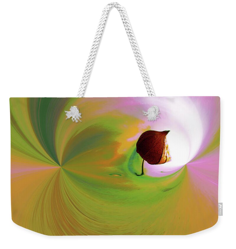 Be Happy Weekender Tote Bag featuring the digital art Be Happy, Green-pink with Physalis by Eva-Maria Di Bella