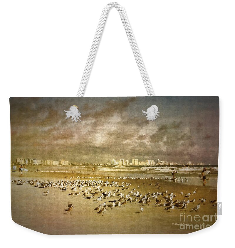 Beach Weekender Tote Bag featuring the painting Beach Birds Surfers and Waves by Deborah Benoit