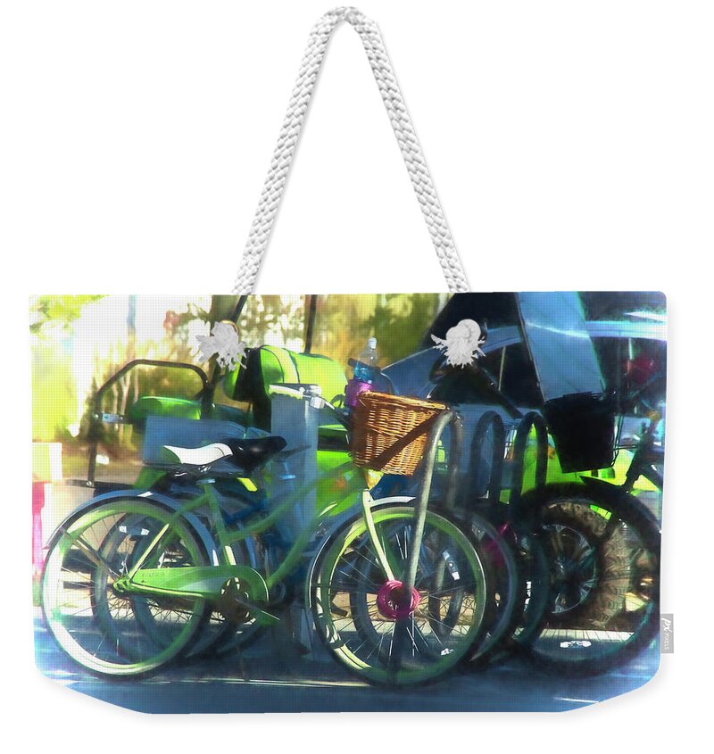  Weekender Tote Bag featuring the photograph Beach, Boardwalk, Bikes by Phil Mancuso