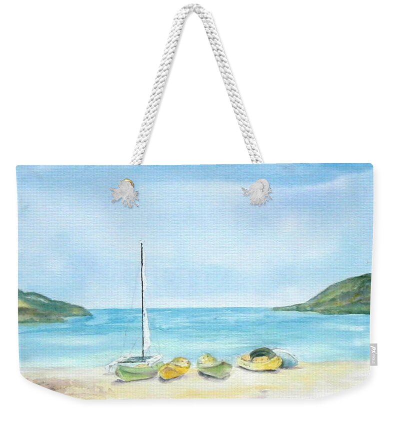 Beach Weekender Tote Bag featuring the painting Beach Boats by Diane Kirk
