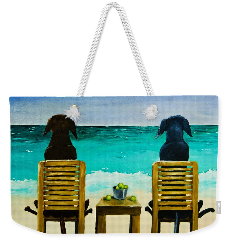 Labrador Retriever Weekender Tote Bag featuring the painting Beach Bums by Roger Wedegis