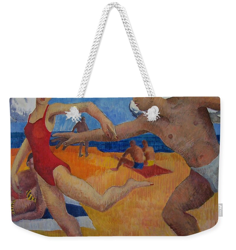Beach Weekender Tote Bag featuring the painting Beach Frolic by Thomas Tribby