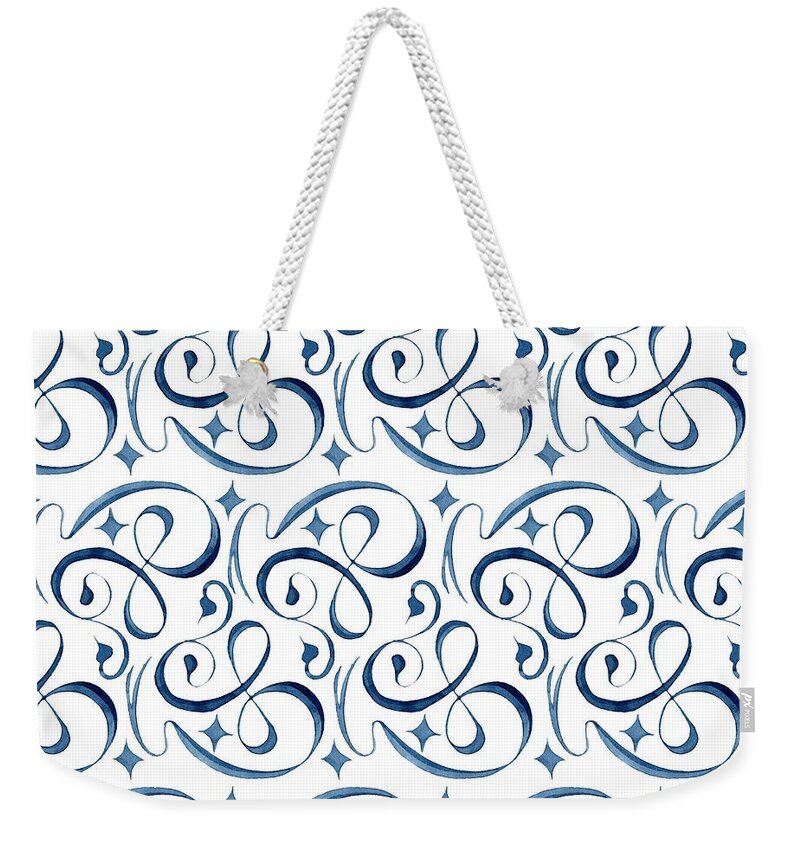 Indigo Blue Weekender Tote Bag featuring the painting Beach House Indigo Star Swirl Scroll Pattern by Audrey Jeanne Roberts