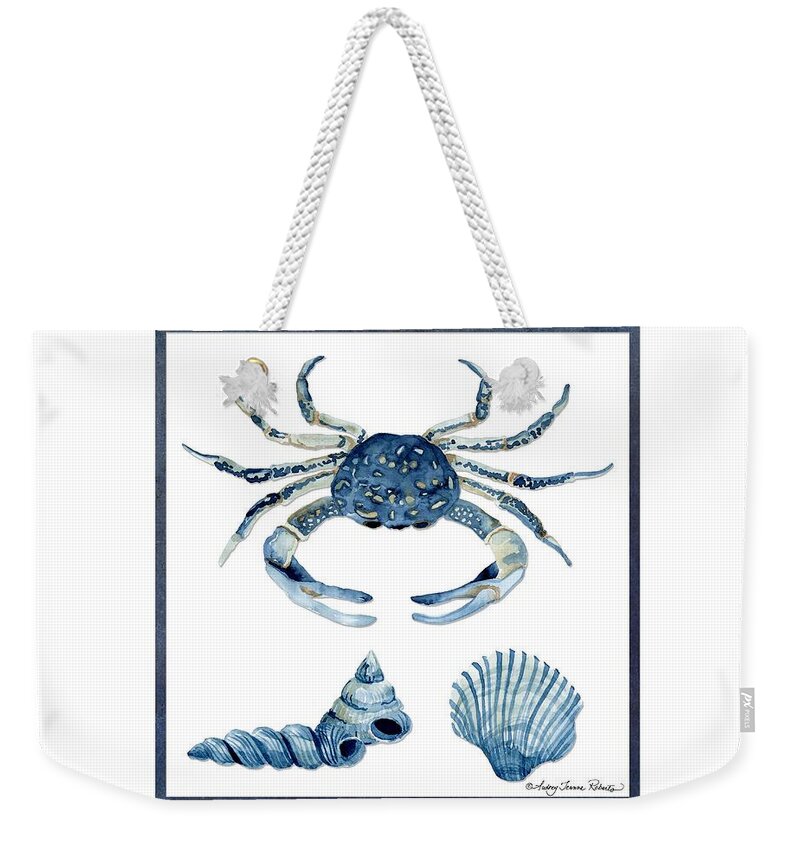 Sea Weekender Tote Bag featuring the painting Beach House Sea Life Crab Turban Shell n Scallop by Audrey Jeanne Roberts