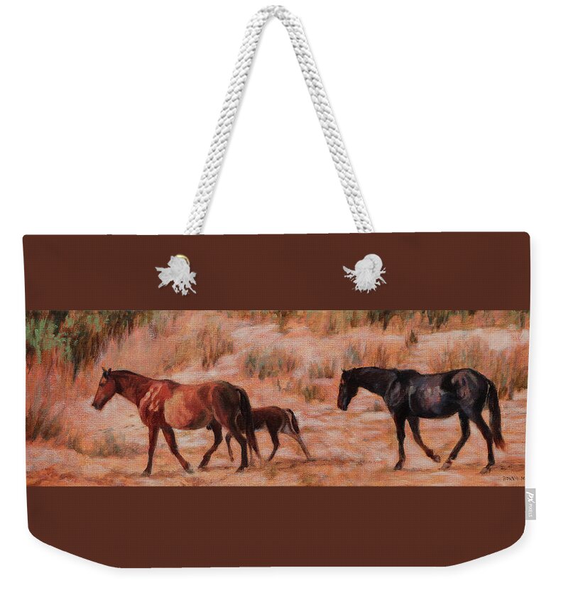 Group Of Horses Weekender Tote Bag featuring the painting Beach Ponies - Wild horses in the dunes by Bonnie Mason