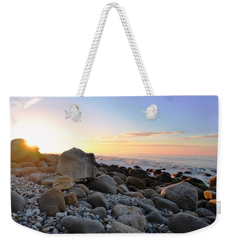 Beach Weekender Tote Bag featuring the photograph Beach Sunrise over Rocks by Matt Quest