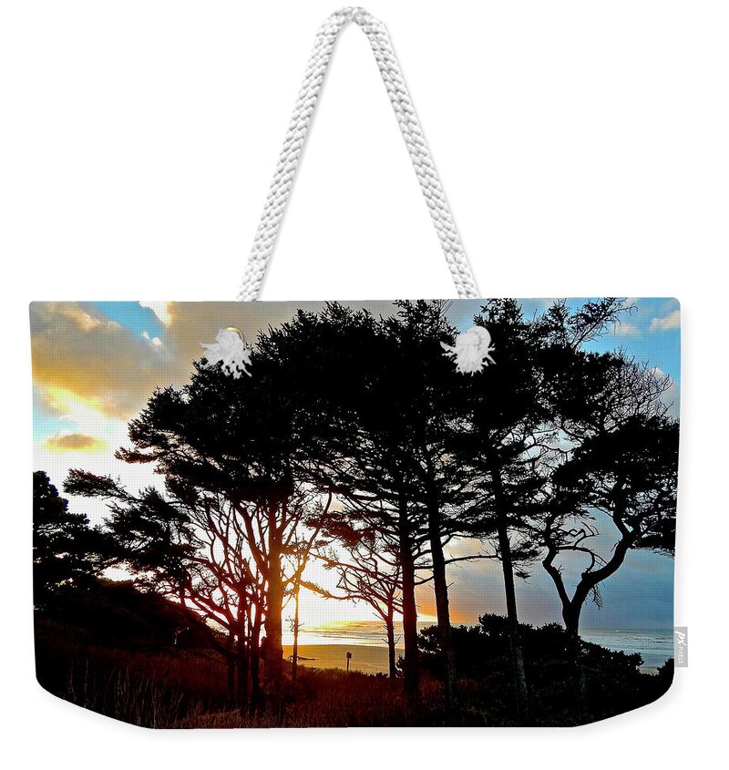 Trees Weekender Tote Bag featuring the photograph Beach Trees Sunset by Gary Olsen-Hasek