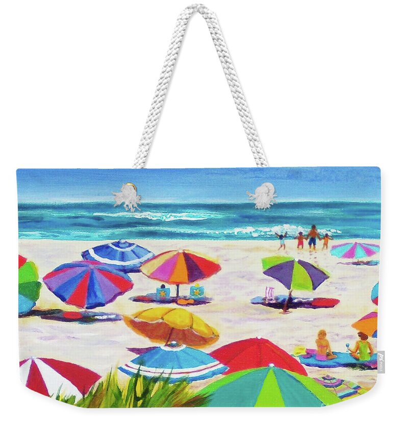 Beach Weekender Tote Bag featuring the painting Umbrellas 2 by Anne Marie Brown