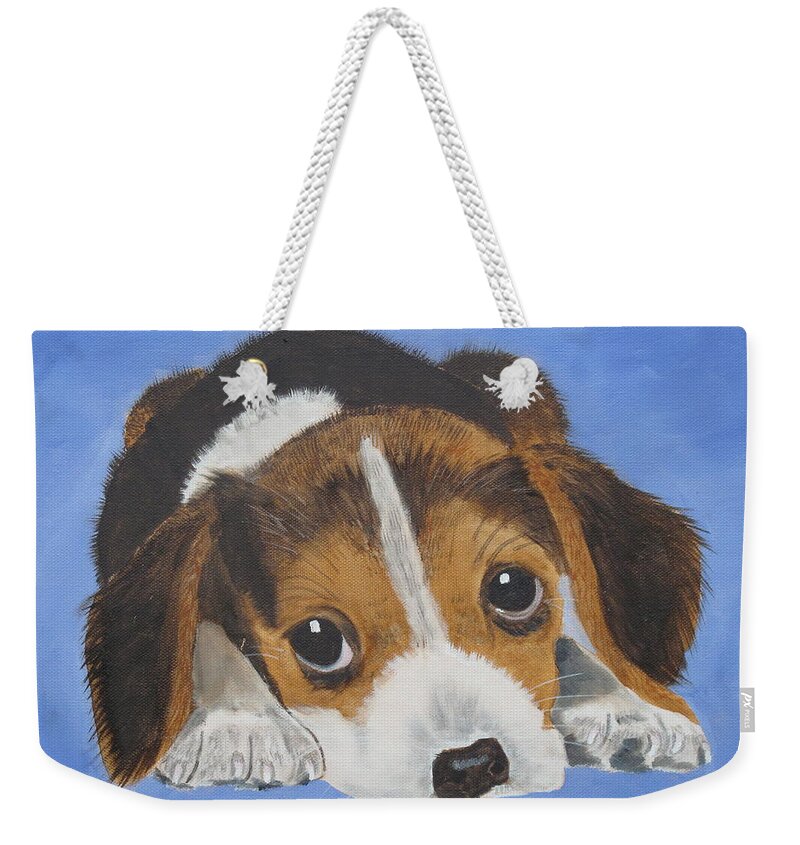 Pets Weekender Tote Bag featuring the painting Beagle Sad Eyes by Kathie Camara
