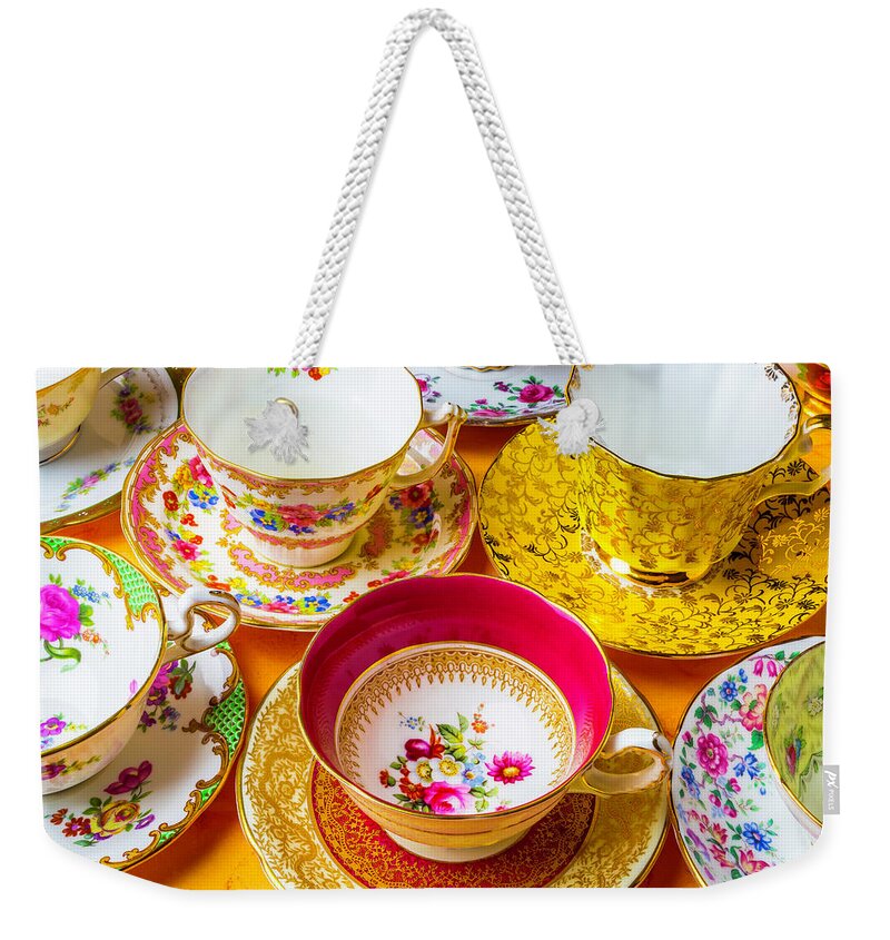 Colorful Weekender Tote Bag featuring the photograph Beautiful Assortment Of Tea Cups by Garry Gay