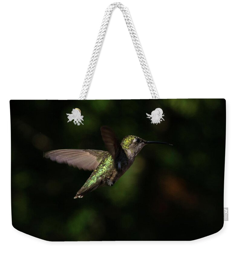 Colorful Hummingbird In Flight Weekender Tote Bag featuring the photograph Beautiful colors by Kenneth Cole