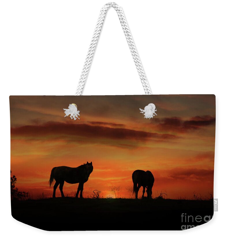 Horse Weekender Tote Bag featuring the photograph Beautiful Horses and Sunrise, Silhouetted Southwestern Colors by Stephanie Laird