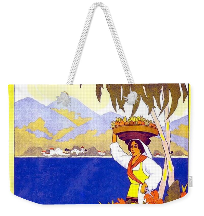 Jamaica Weekender Tote Bag featuring the painting Beautiful Jamaican Landscape Illustration - Vintage Travel Poster - Gem of the Tropics by Studio Grafiikka