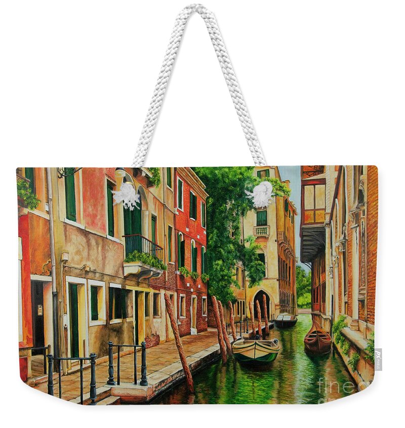 Venice Canal Weekender Tote Bag featuring the painting Beautiful Side Canal In Venice by Charlotte Blanchard