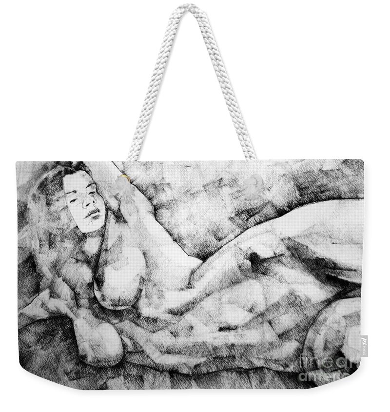 Drawing Weekender Tote Bag featuring the drawing Beautiful young girl pencil art drawing by Dimitar Hristov