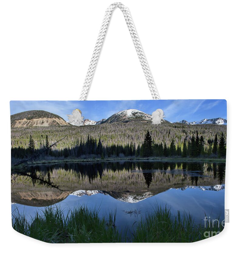 Rocky Mountain National Park; Water Reflection Weekender Tote Bag featuring the photograph Beaver Pond Reflection by Jim Garrison