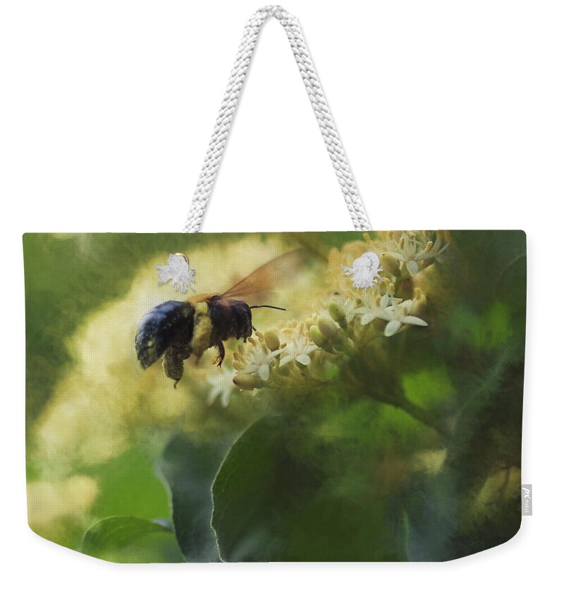Bee And Elderberry Weekender Tote Bag featuring the photograph Bee and Elderberry by Anna Louise