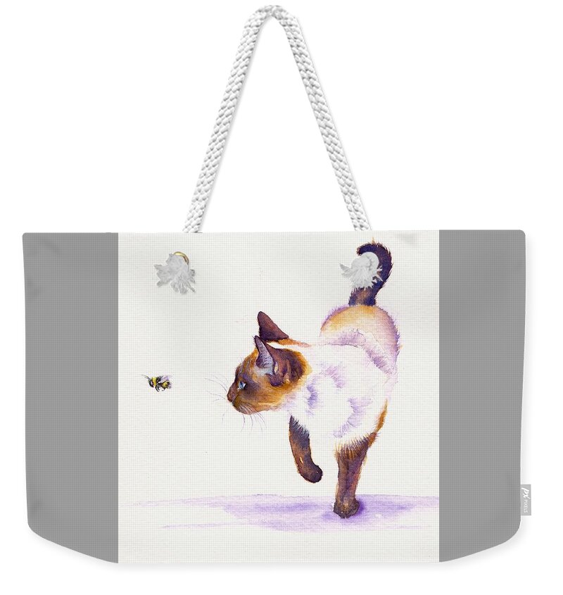 Cat Weekender Tote Bag featuring the painting Prowling Cat - Bee Free by Debra Hall