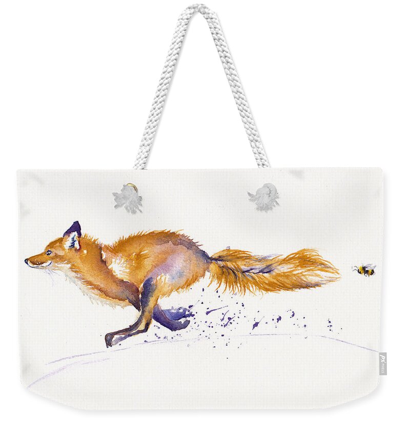 Fox Weekender Tote Bag featuring the painting Fleeing Fox - Bee Racing by Debra Hall