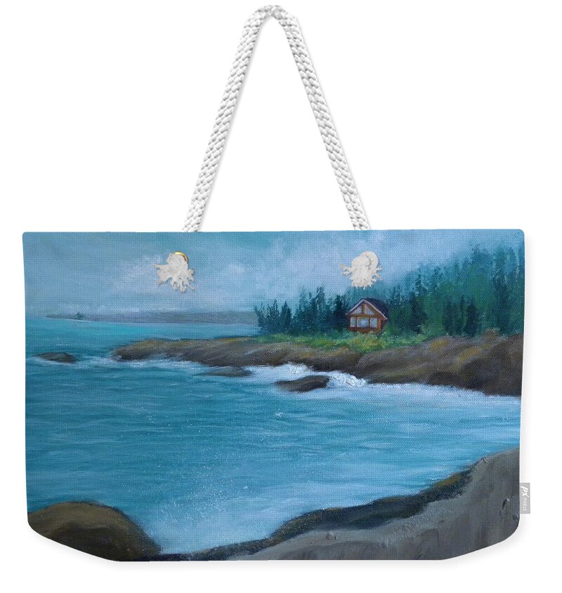 Seascape Storm Landscape Forrest Rocks Waves Weekender Tote Bag featuring the painting Before The Storm by Scott W White