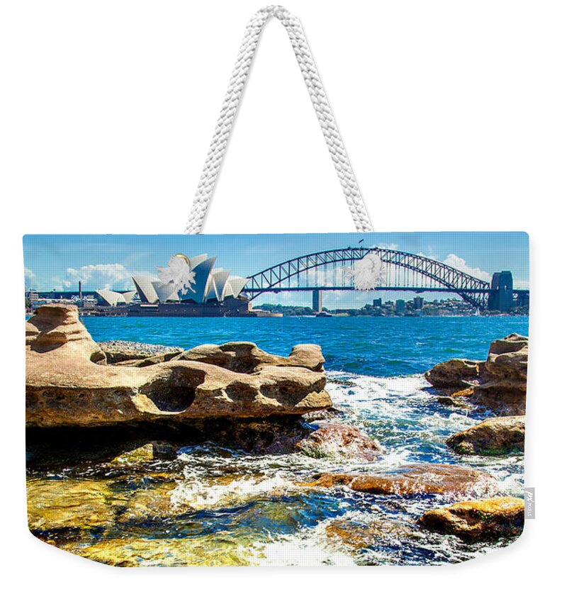 Sydney Skyline Weekender Tote Bag featuring the photograph Behind The Rocks by Az Jackson
