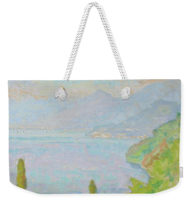 Bellagio Weekender Tote Bag featuring the painting Bellagio Blushing in an Afternoon Sky by Jerry Fresia