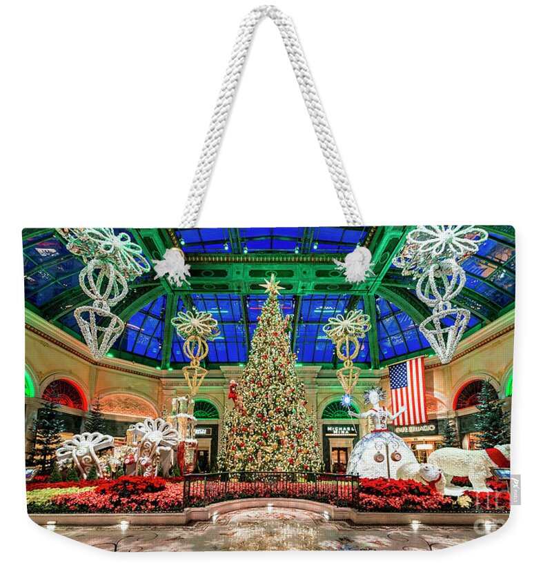 Bellagio Christmas Tree Weekender Tote Bag featuring the photograph Bellagio Christmas Tree Ultra Wide at Dawn 2017 2 to 1 Ratio by Aloha Art