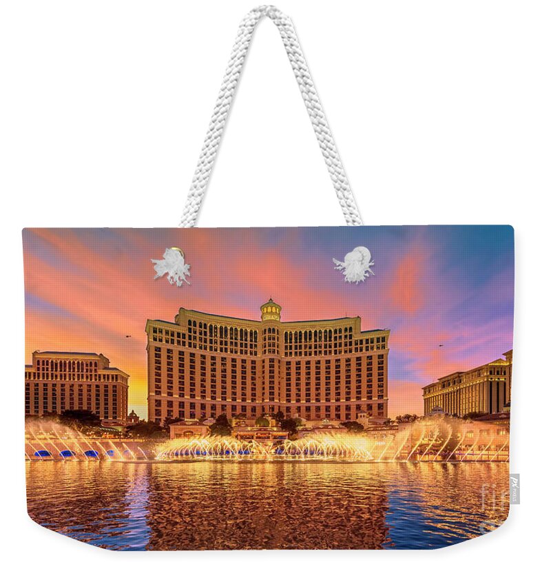 Bellagio Weekender Tote Bag featuring the photograph Bellagio Fountains Warm Sunset 2 to 1 Ratio by Aloha Art