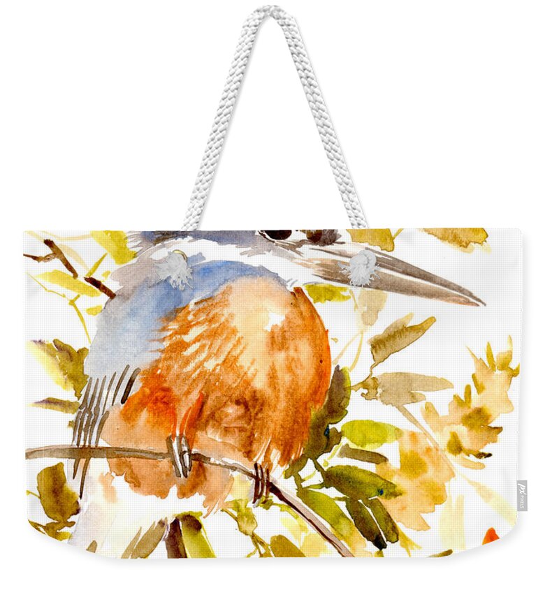 Kingfisher Weekender Tote Bag featuring the painting Belted Kingfisher by Suren Nersisyan