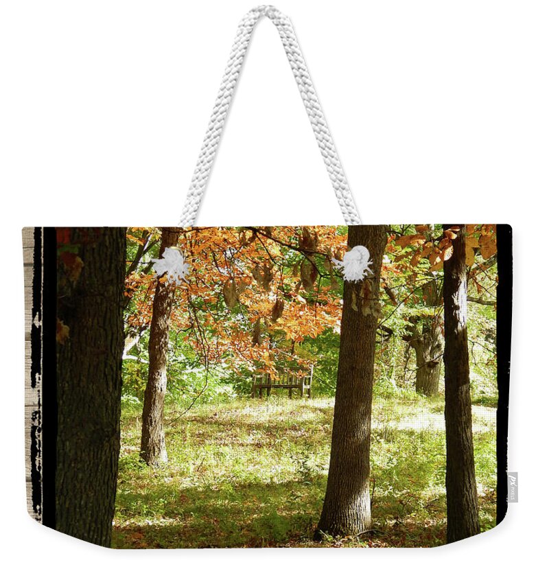 Ann Arbor Weekender Tote Bag featuring the photograph Bench In The Woods by Phil Perkins