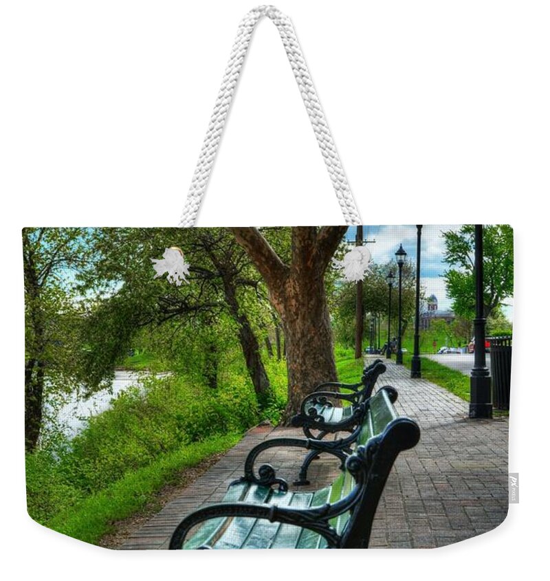 Mel Steinhauer Weekender Tote Bag featuring the photograph Benches On Riverside Drive by Mel Steinhauer