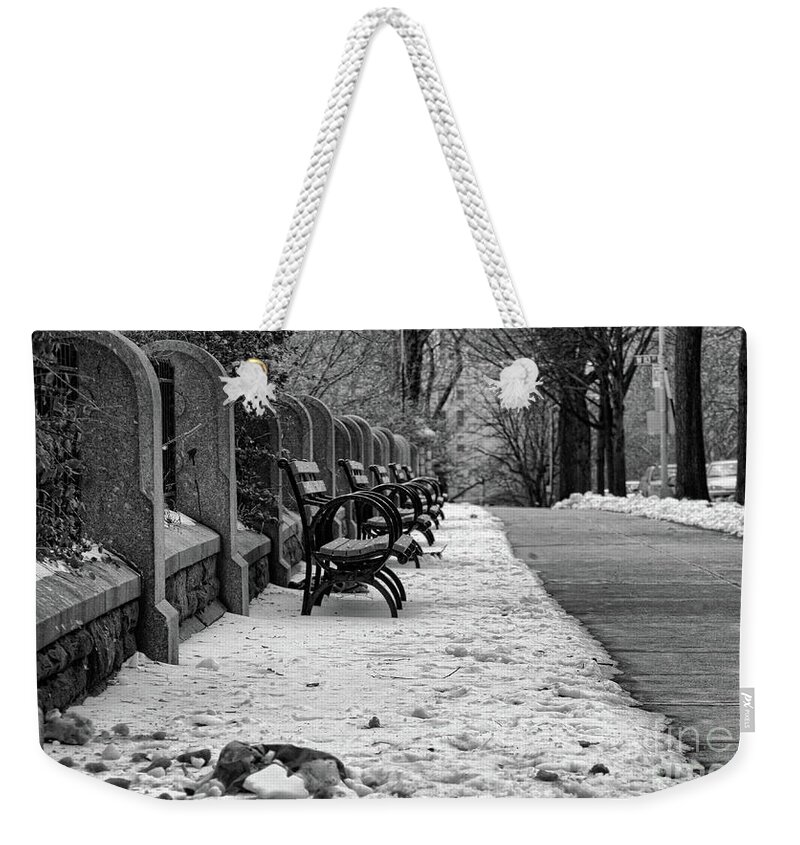 Ny Weekender Tote Bag featuring the photograph Benches Snow NYC Parks Black W by Chuck Kuhn